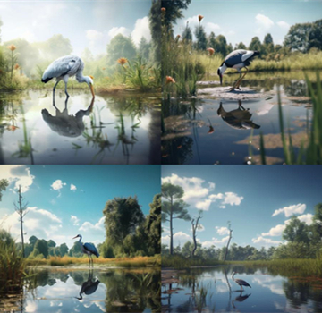 wide shot of a bird drinking water from a pond, daytime atmosphere, blue skies with clouds, soft blur, forest area with trees in the background
